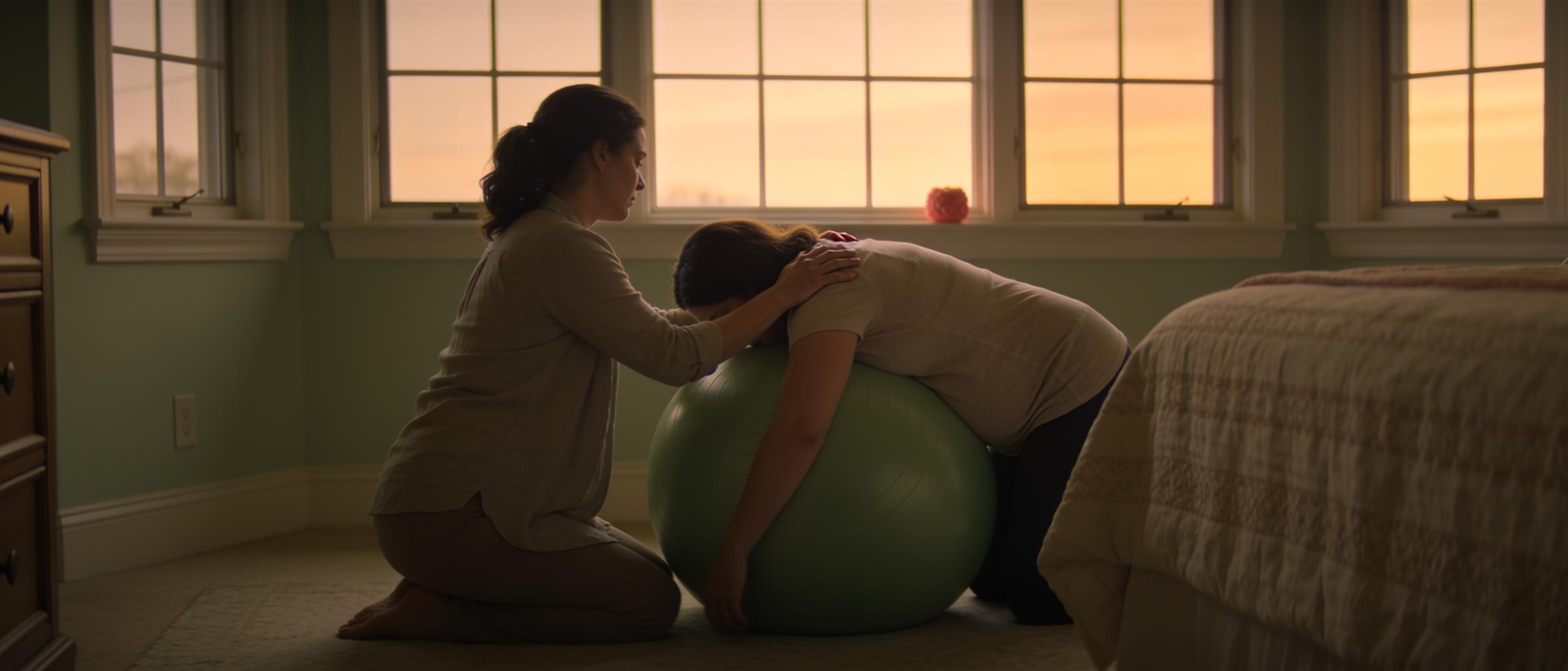 A doula kneels beside a woman in labor and holds her hand