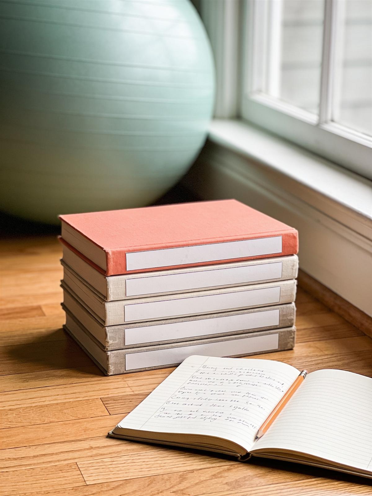 Childbirth books, a notebook of notes and a birth ball