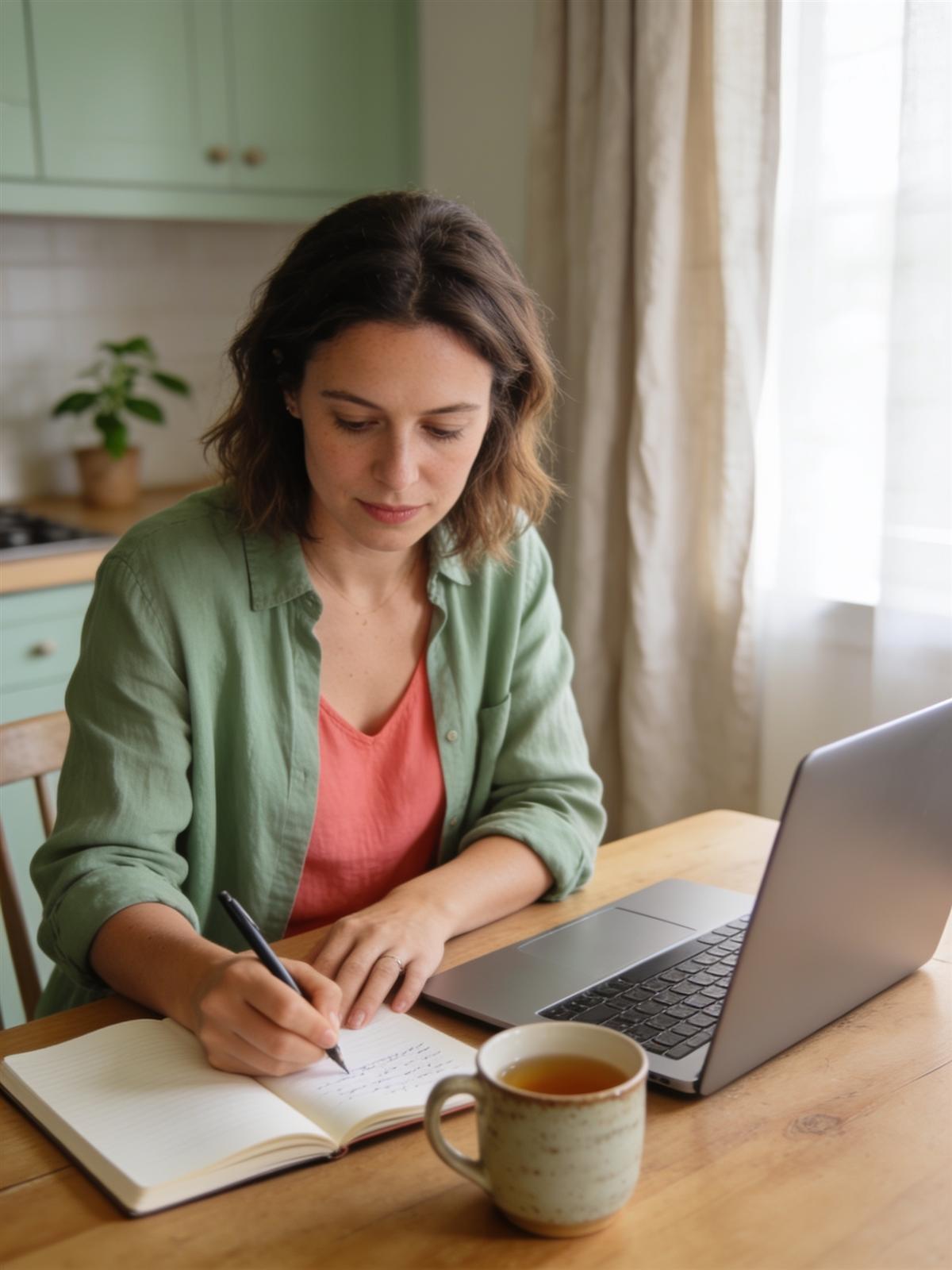 A woman studies at her kitchen table with a laptop and a notebook